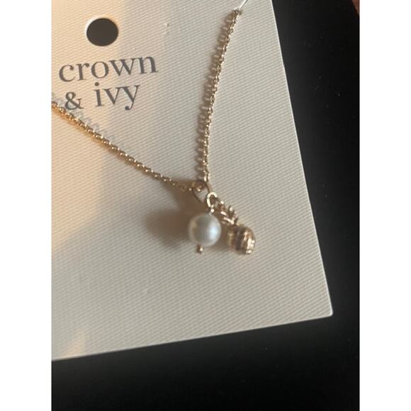 Crown & Ivy Gold Tone Necklace Faux Pearl Charm &‎ Gold Tone Pineapple Charm NWT - Picture 1 of 4